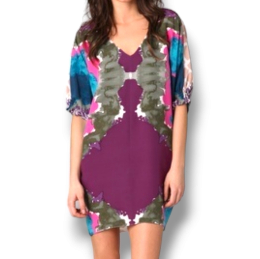 Tibi Multicolored V-Neck Silk Mini Dress - Size 2